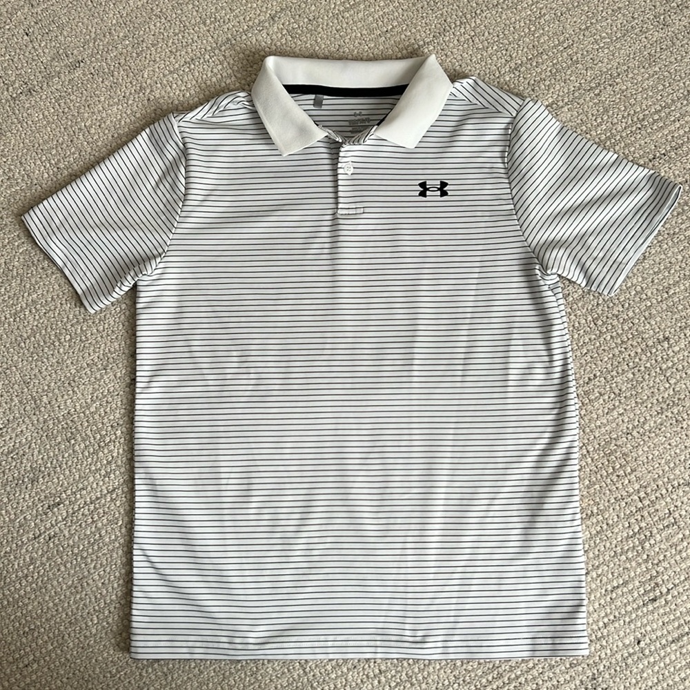 Boys under armour white polo/ black stripe - size YLG - like new